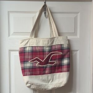 Hollister Red and Cream Plaid Canvas Tote Bag